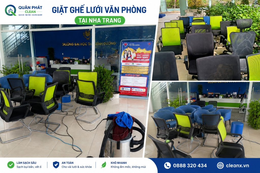 Hình ảnh thực tế giặt ghế lưới văn phòng tại Nha Trang