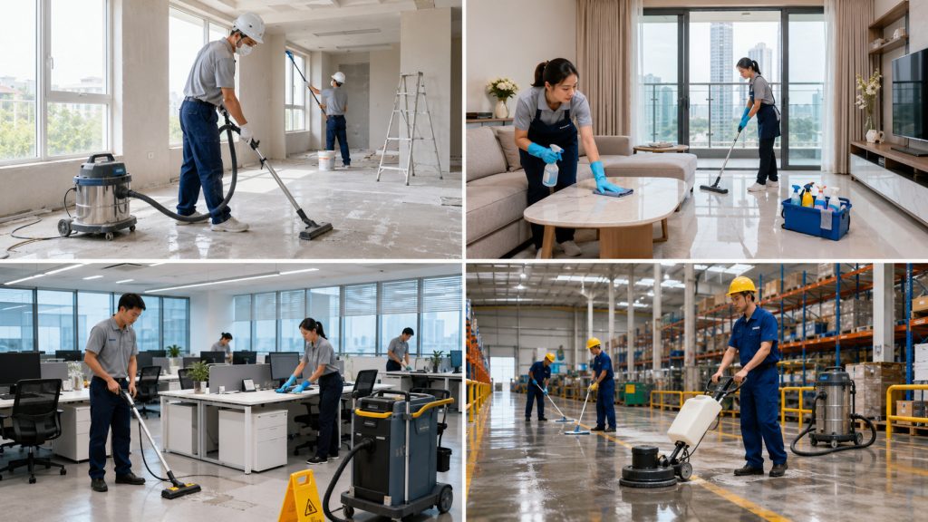 Vệ sinh nhà sau xây dựng, căn hộ, văn phòng và nhà xưởng