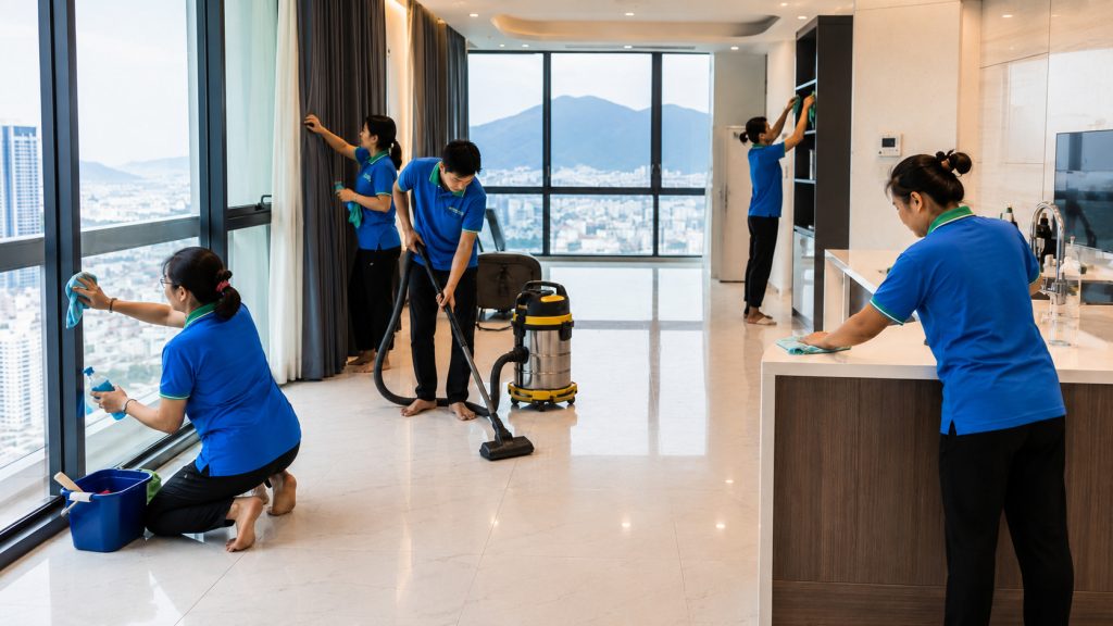 Đội ngũ Quân Phát Clean vệ sinh căn hộ tại Nha Trang