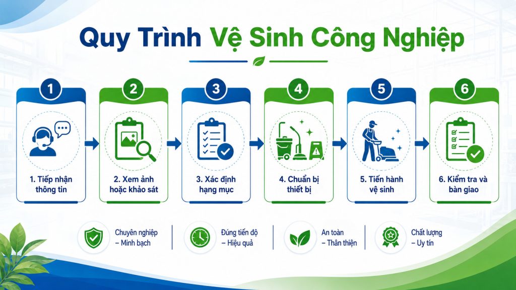 Sơ đồ quy trình vệ sinh công nghiệp gồm 6 bước