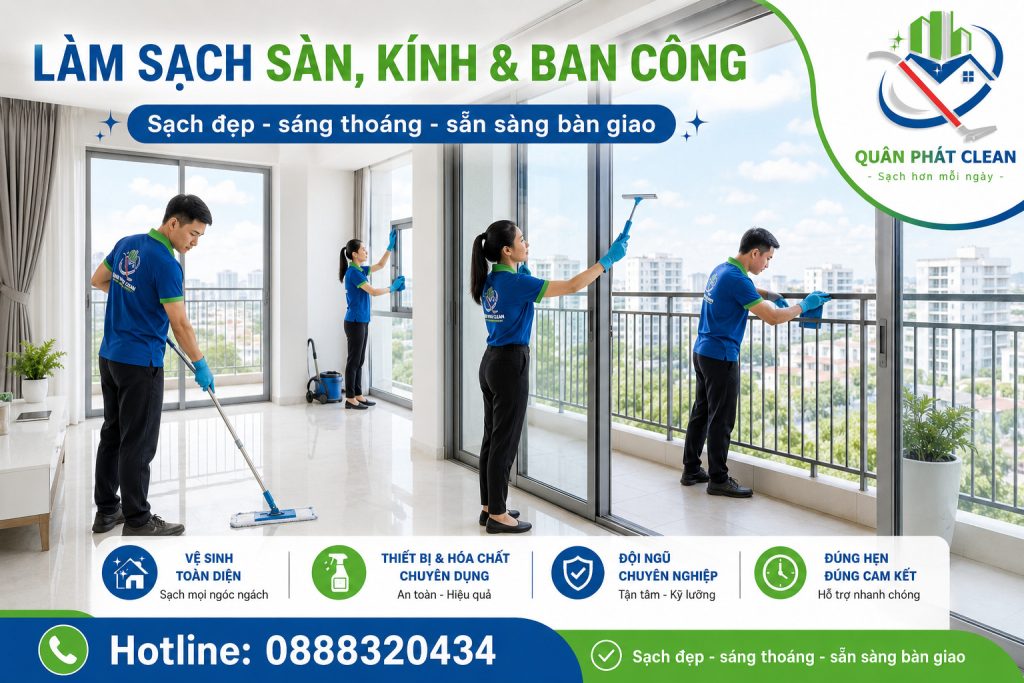 Làm sạch sàn, kính và ban công nhà cho thuê Nha Trang, giúp không gian sáng sạch và gọn gàng trước khi bàn giao.